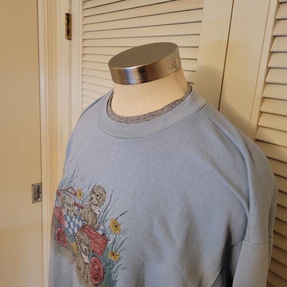 Vintage 80s Puppy Graphic Sweatshirt Carol Reed Blue Oversized M L - Picture 2 of 8
